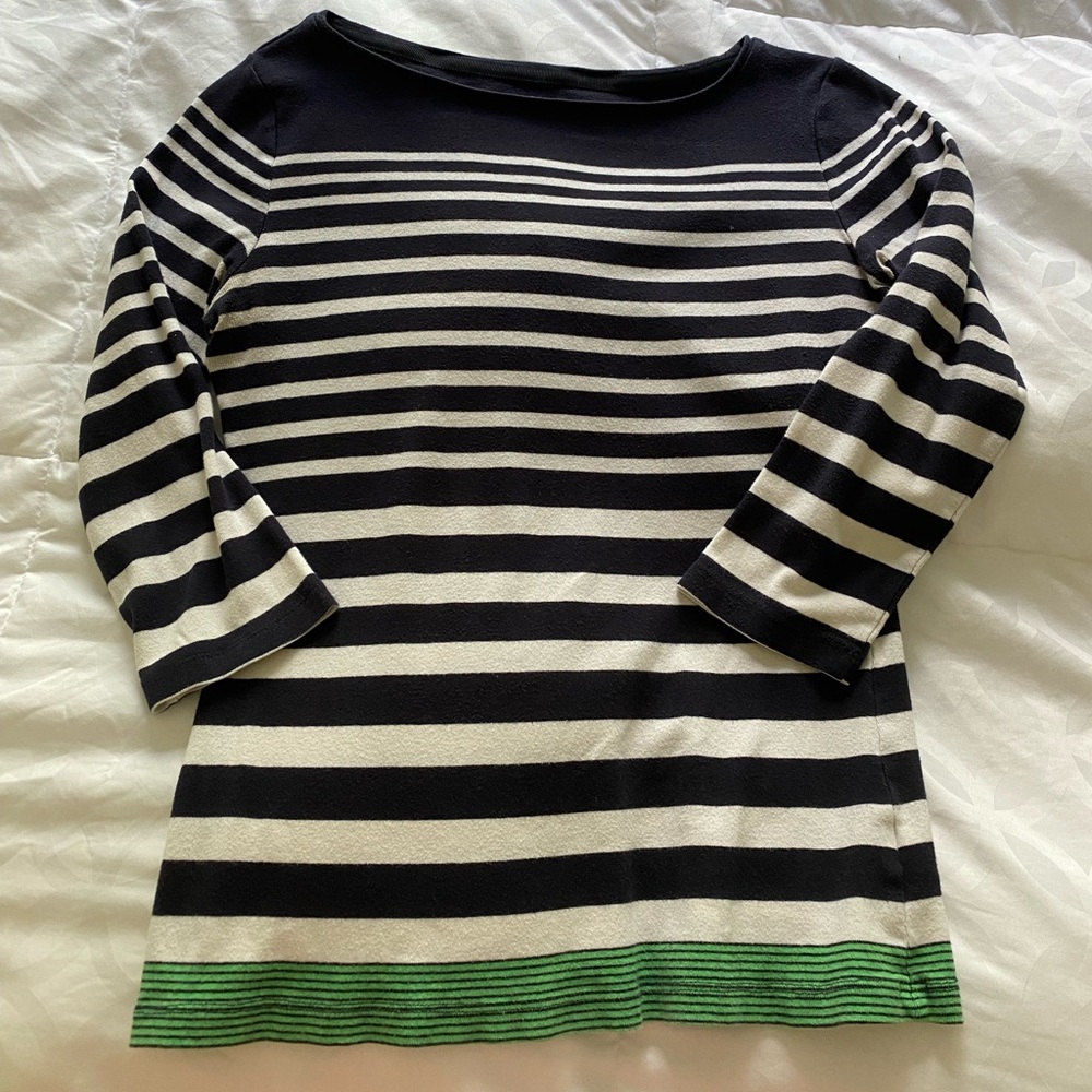 Talbots Boatneck Tee in Navy Blue and White Stripe with Green Detail - XS
